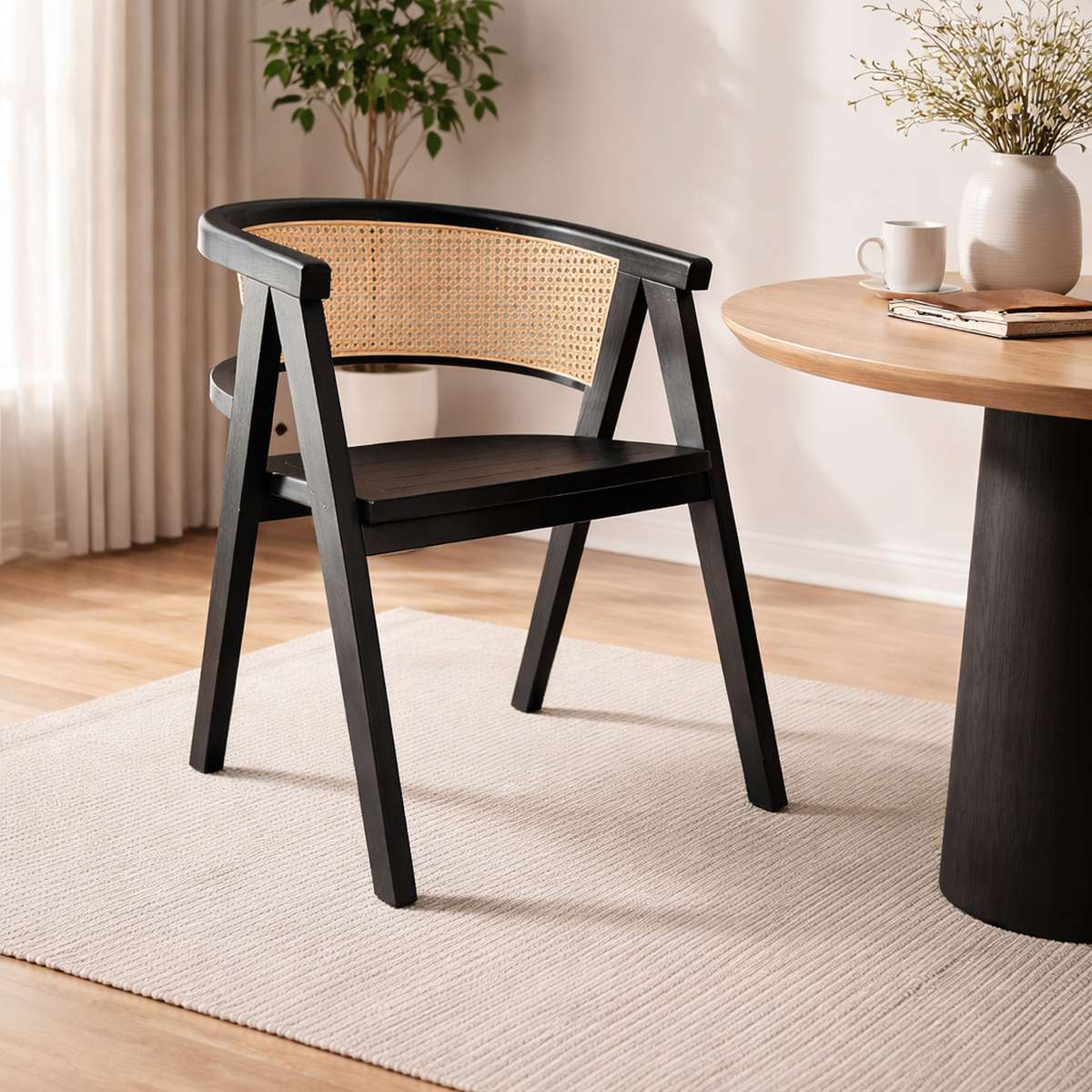 Silla Lenong Plus Madera Fresno Negro y Respaldo de Ratán Natural