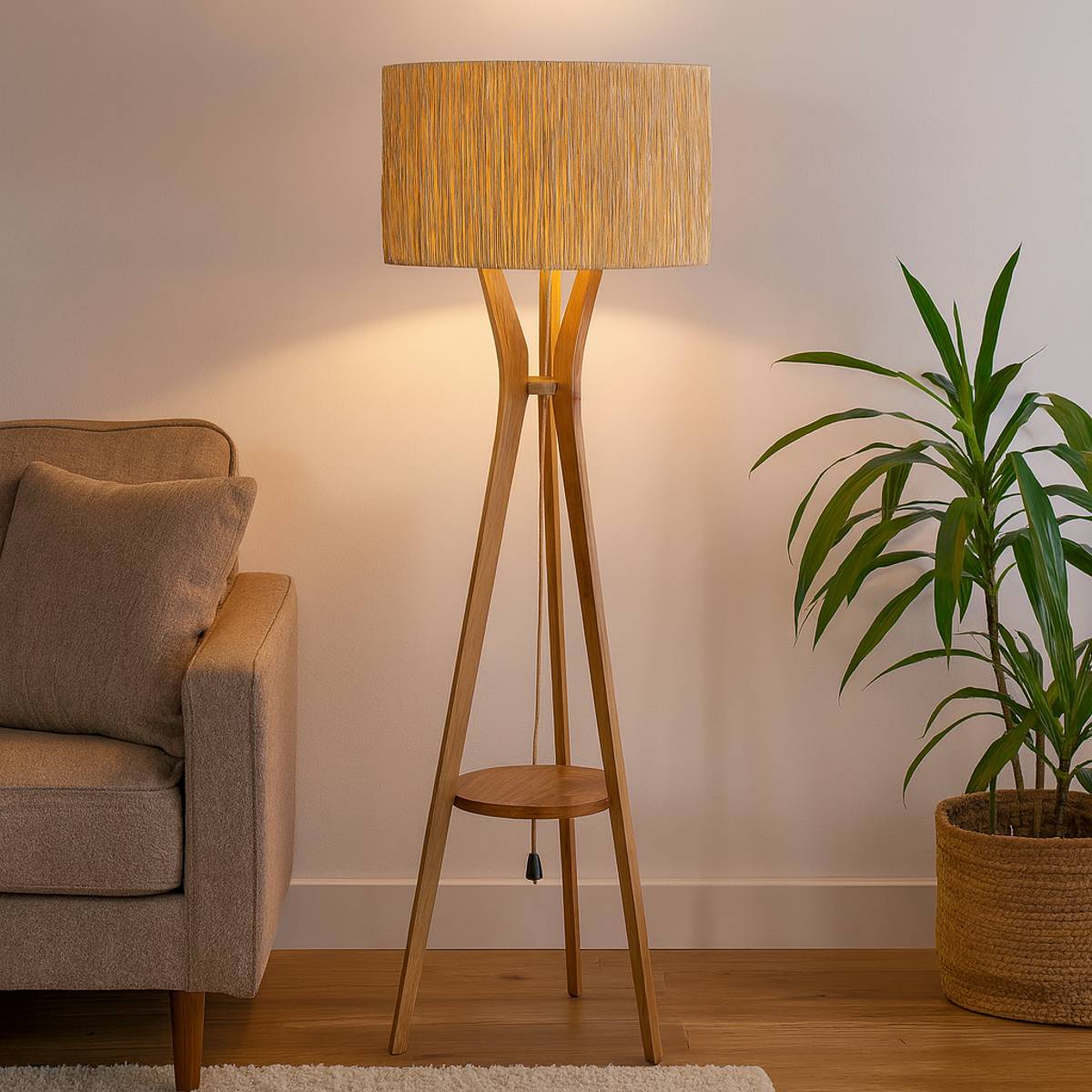 Lámpara de Pie Uruk – Madera y Pantalla de Ratán Natural