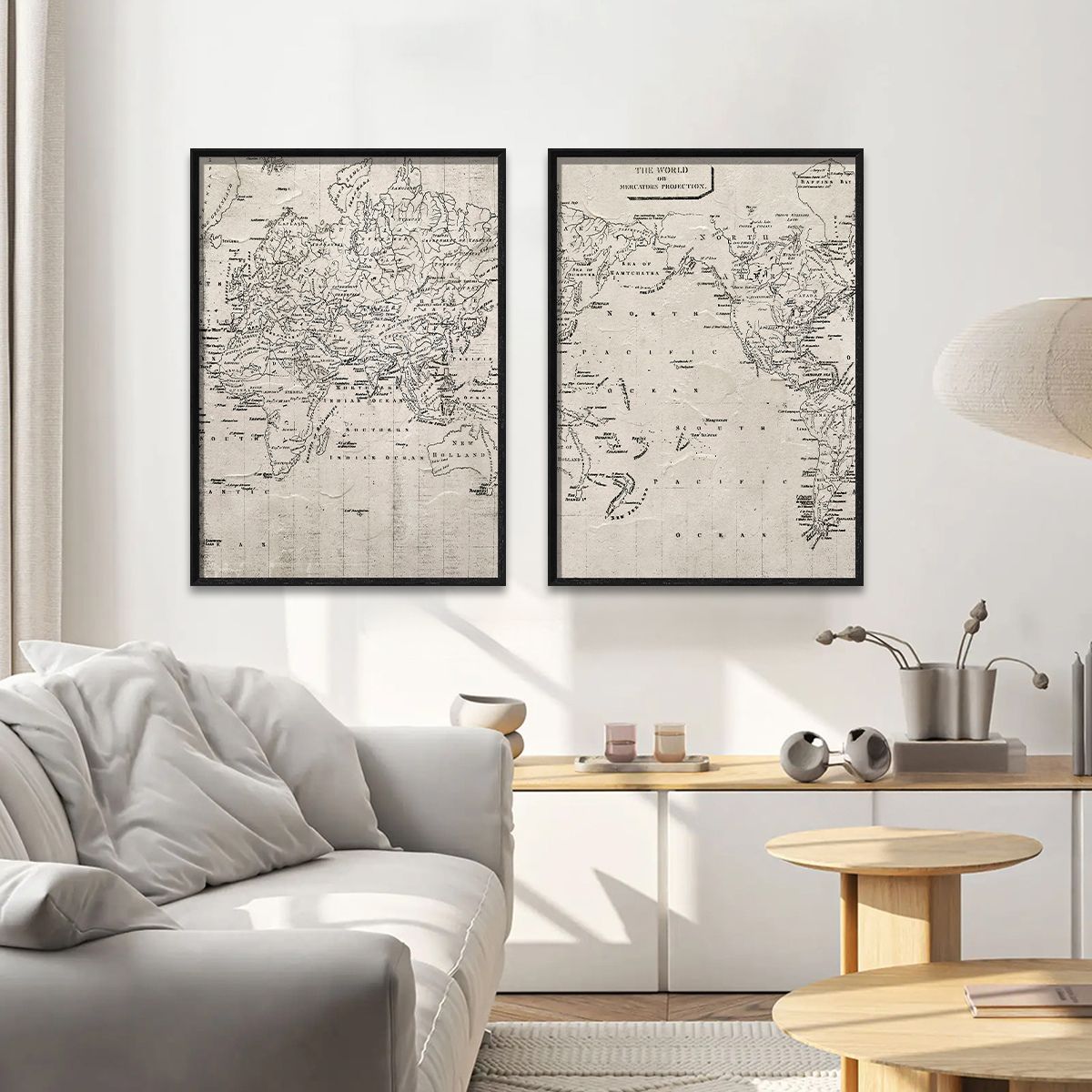 Set Cuadro El Mundo CANVAS HD pintado a mano Gris/Blanco marco Negro 50 x 70cm