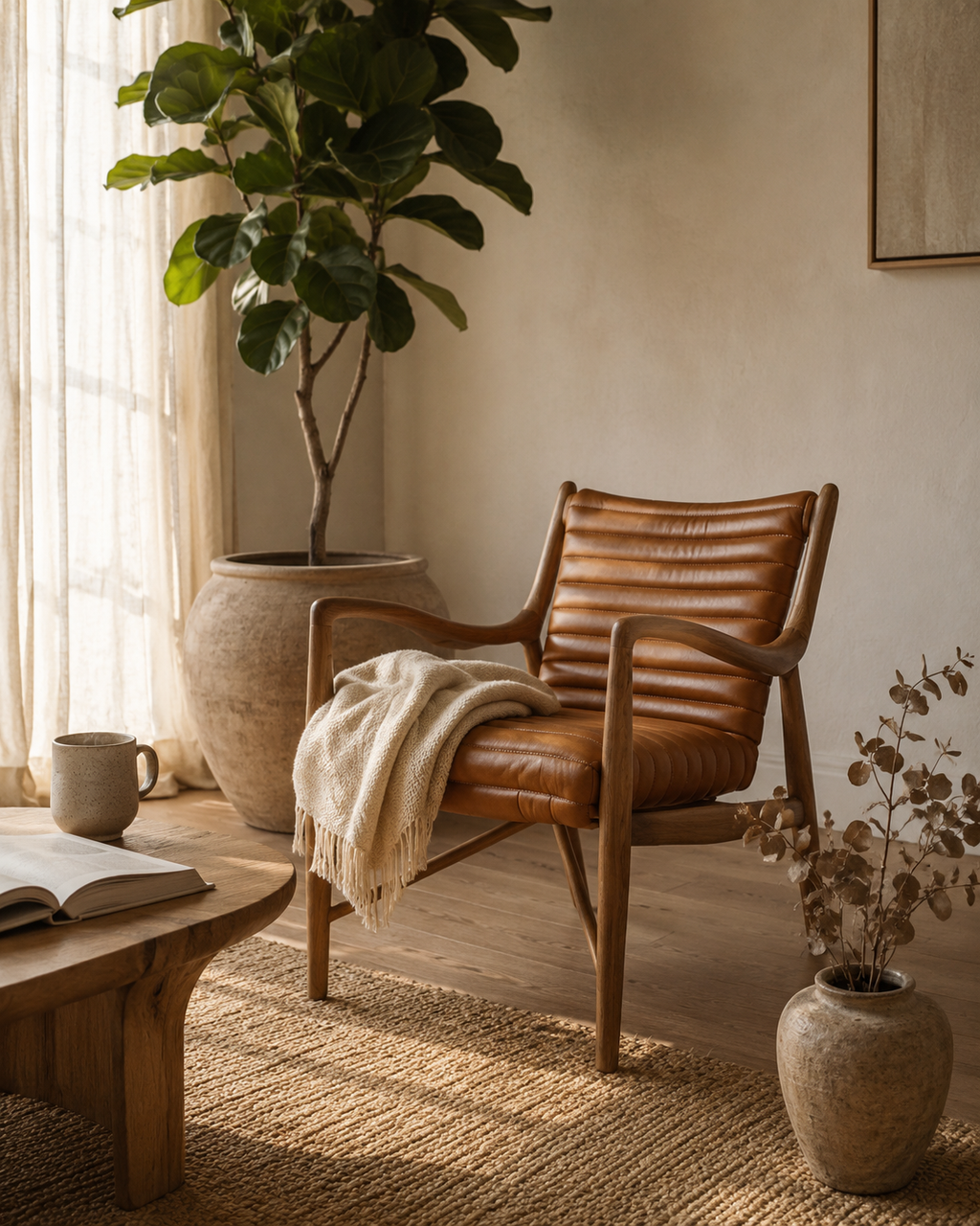 Poltrona Elliah Cuero Top Grain Cognac y Madera de Fresno