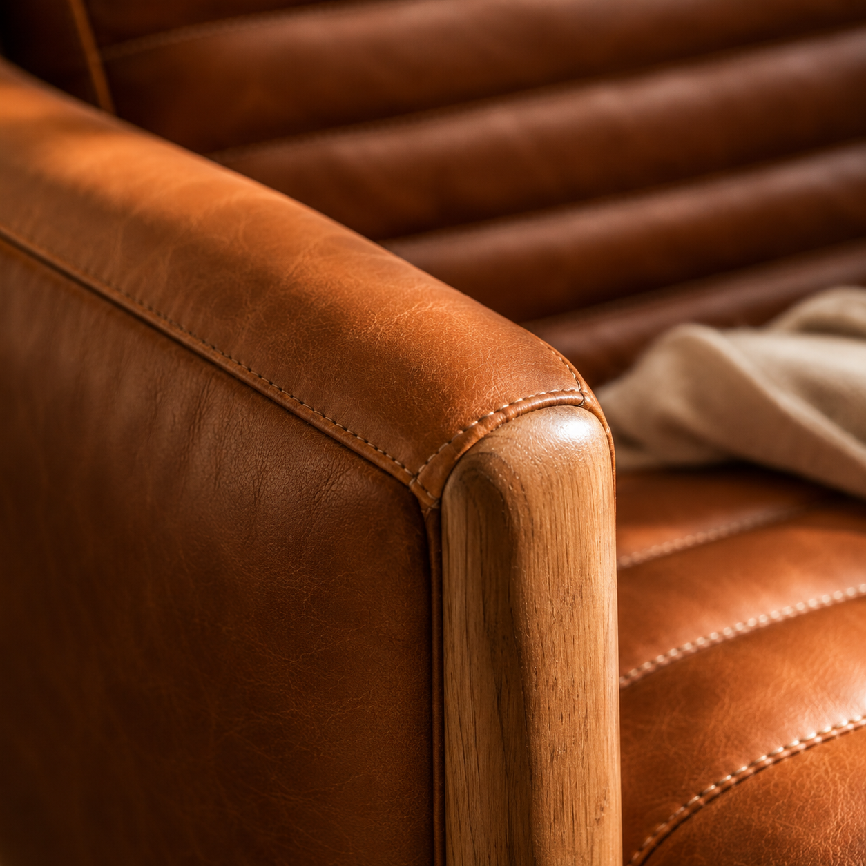 Poltrona Elliah Cuero Top Grain Cognac y Madera de Fresno