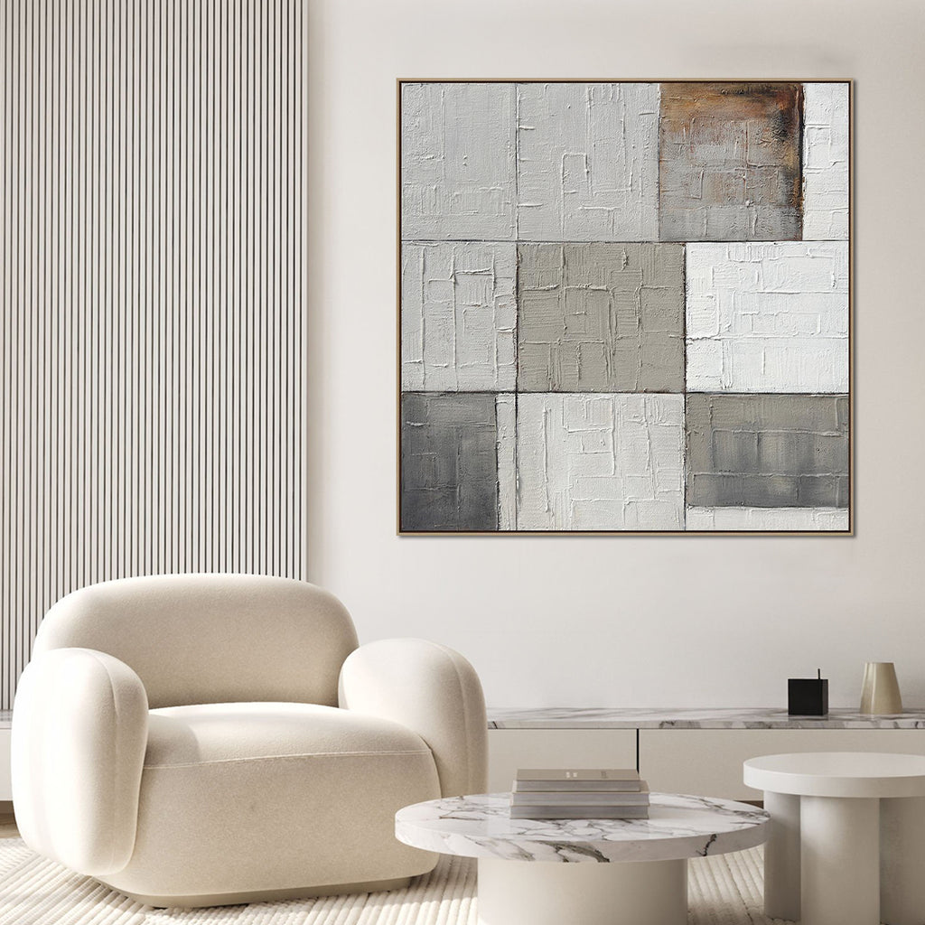 Cuadro Los Cubanos CANVAS pintado a mano Gris/Blanco marco Natural 100 x 100cm