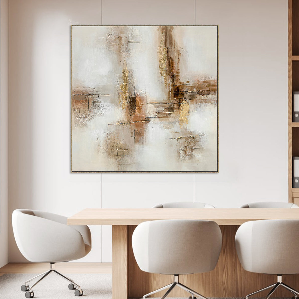 Cuadro El Cañón CANVAS pintado a Mano Blanco/Beige marco Dorado 100 x 100cm