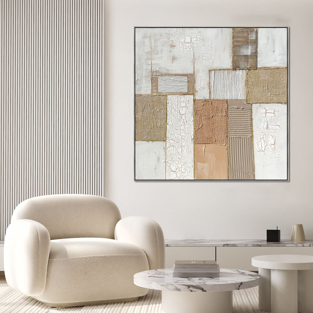 Cuadro La Vara CANVAS pintado a mano Beige/Blanco marco color Dorado 100 x 100cm