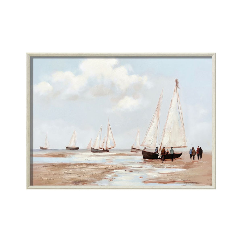 Cuadro La Bahia Canvas HD y pintado a mano Celeste/Beige marco Natural 70 x 50cm