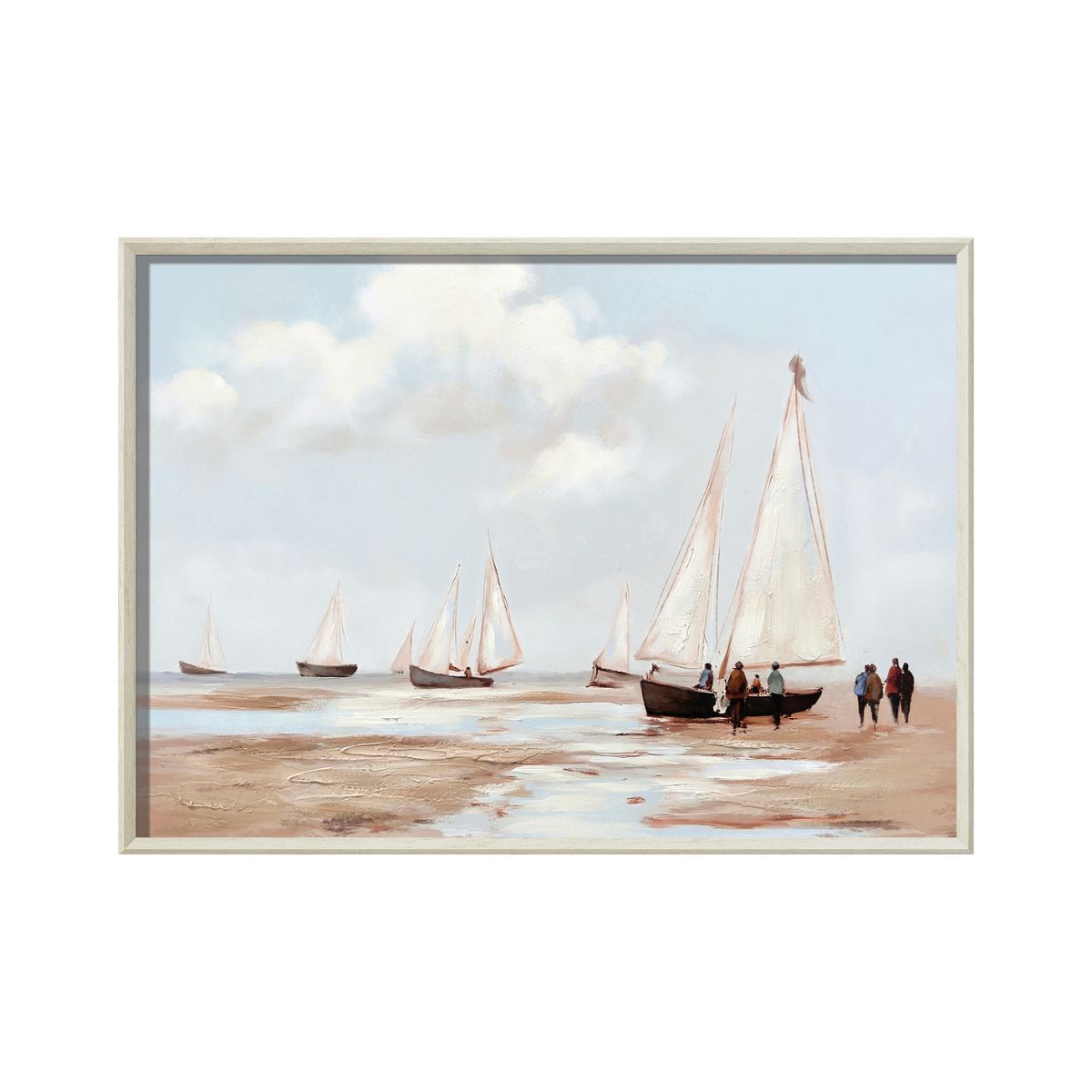 Cuadro La Bahia Canvas HD y pintado a mano Celeste/Beige marco Natural 70 x 50cm