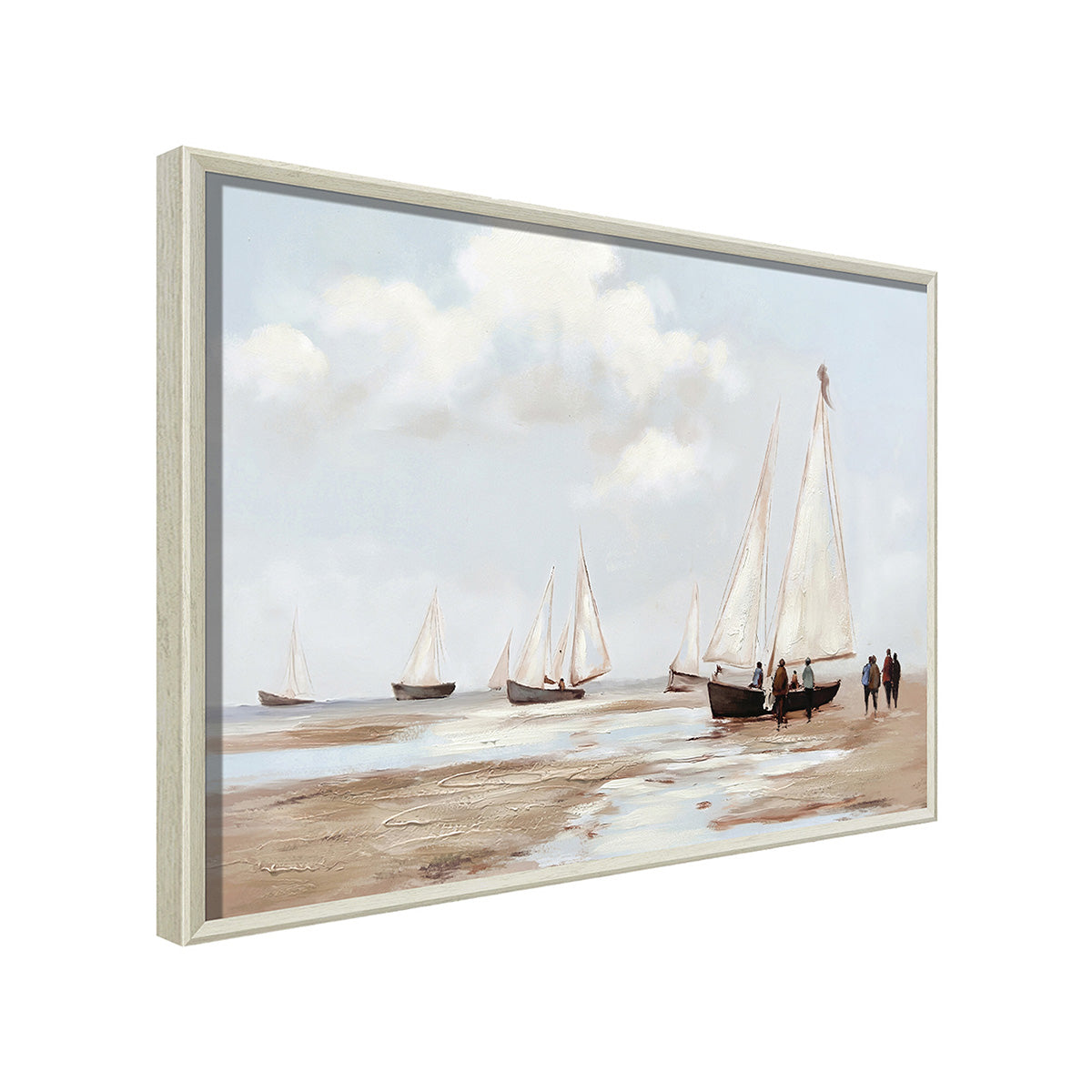 Cuadro La Bahia Canvas HD y pintado a mano Celeste/Beige marco Natural 70 x 50cm