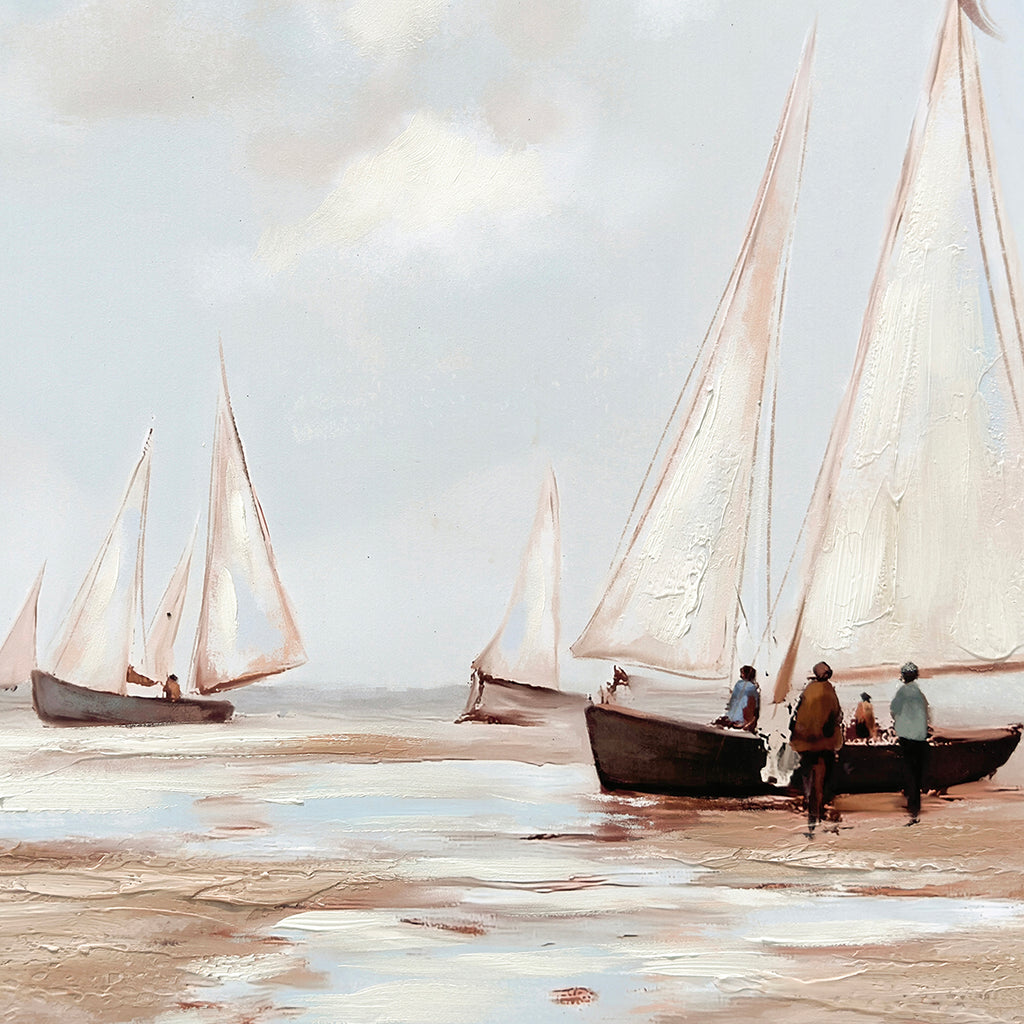 Cuadro La Bahia Canvas HD y pintado a mano Celeste/Beige marco Natural 70 x 50cm