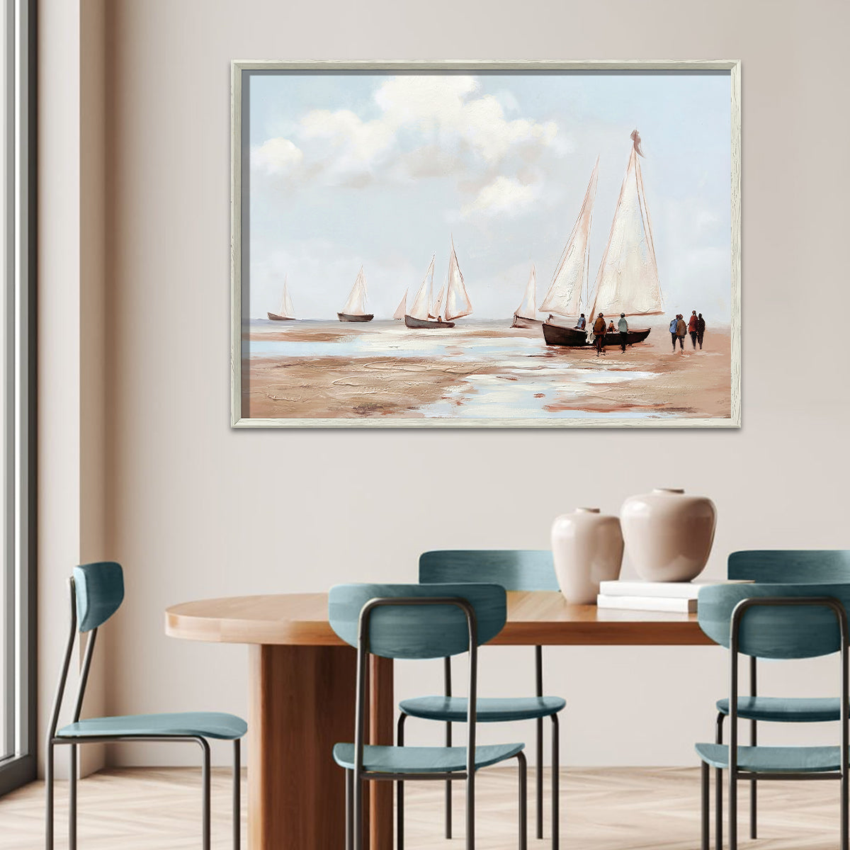 Cuadro La Bahia Canvas HD y pintado a mano Celeste/Beige marco Natural 70 x 50cm