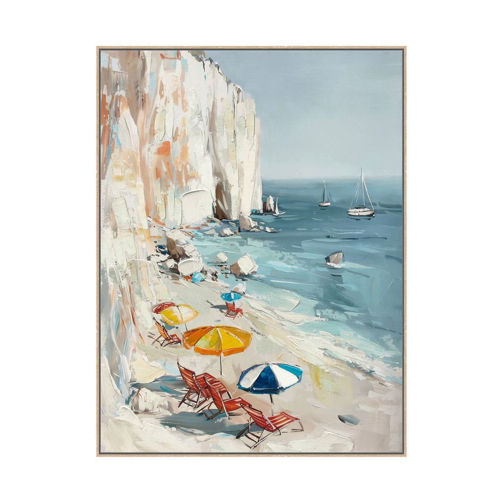 Cuadro La Playa canvas HD y pintado a mano Celeste/Beige marco caramelo 70 x 100cm