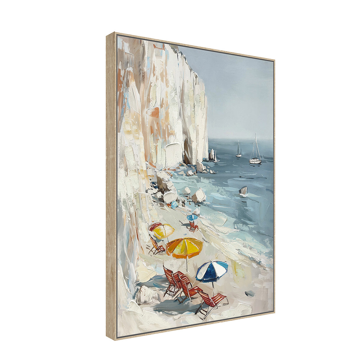 Cuadro La Playa canvas HD y pintado a mano Celeste/Beige marco caramelo 70 x 100cm