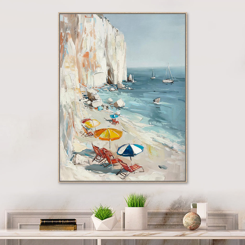 Cuadro La Playa canvas HD y pintado a mano Celeste/Beige marco caramelo 70 x 100cm