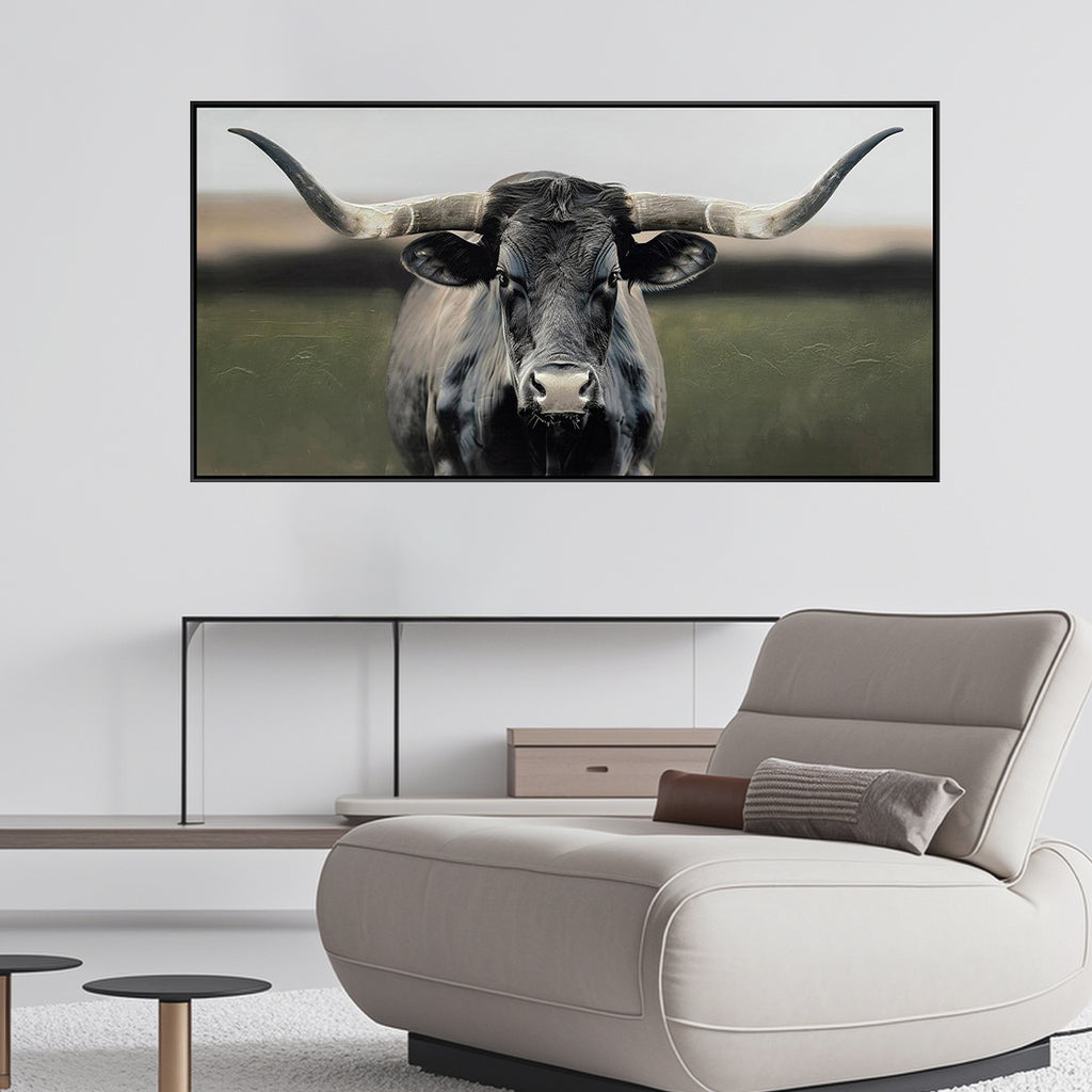 Cuadro El Toro Canvas HD / Pintado a mano / Negro/Gris / Marco Negro 120 x 60cm