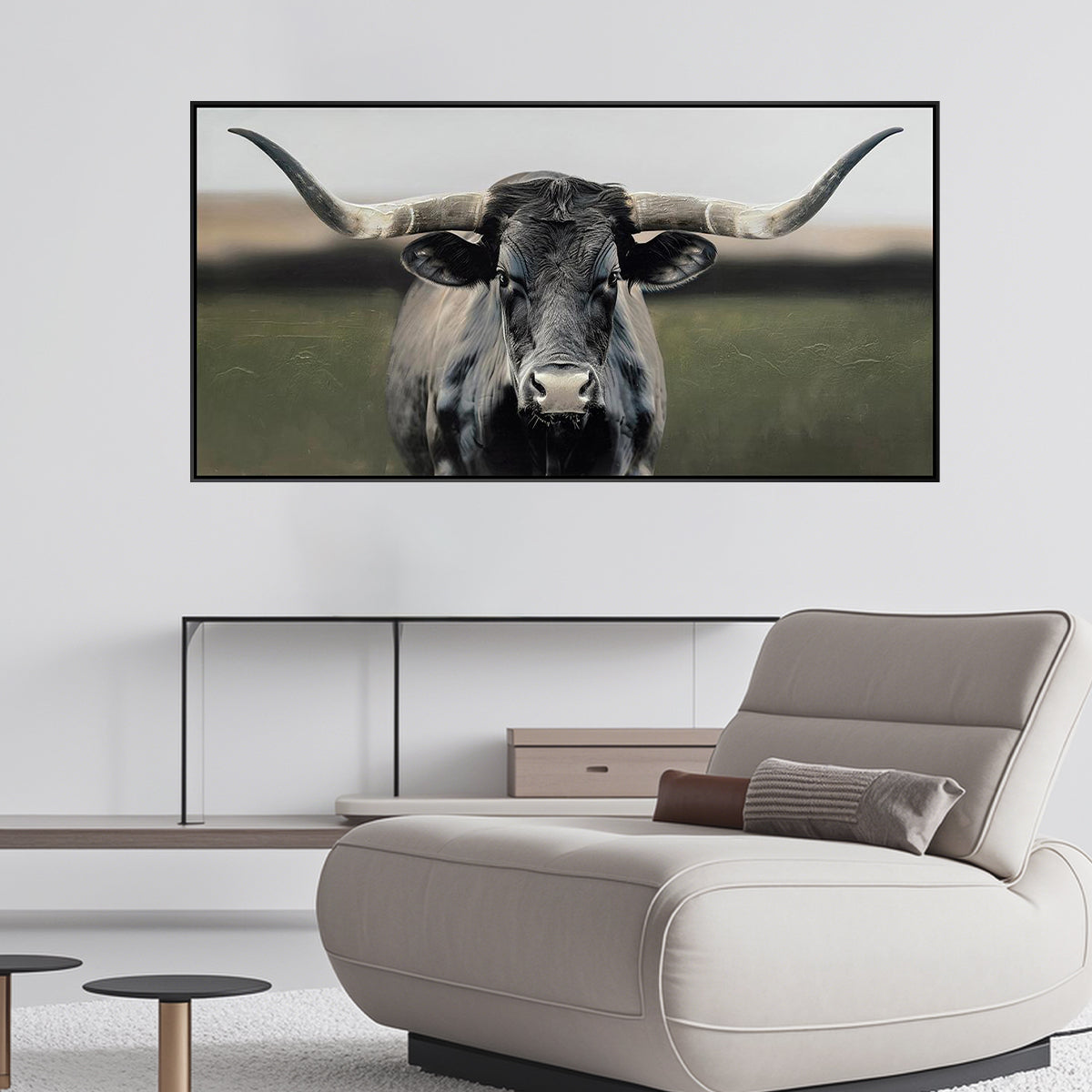 Cuadro El Toro Canvas HD / Pintado a mano / Negro/Gris / Marco Negro 120 x 60cm