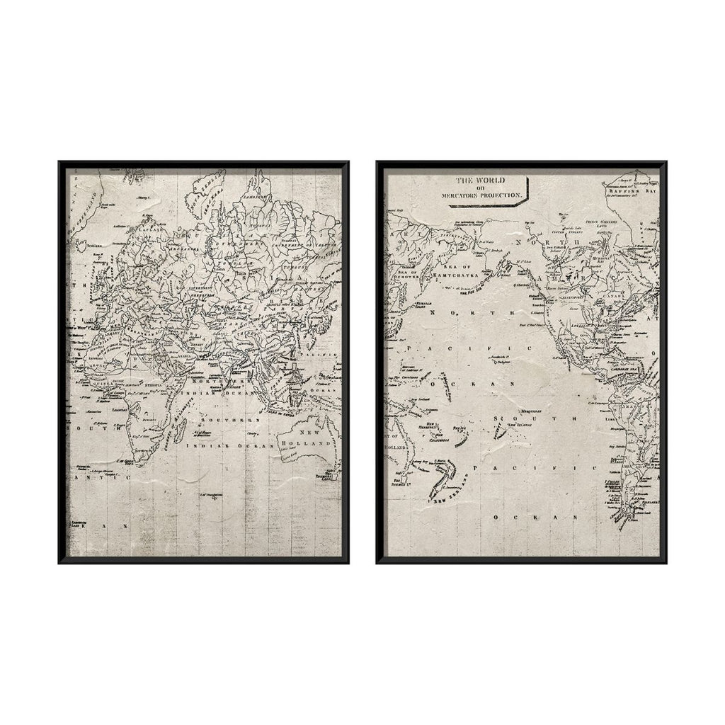 Set Cuadro El Mundo CANVAS HD pintado a mano Gris/Blanco marco Negro 50 x 70cm