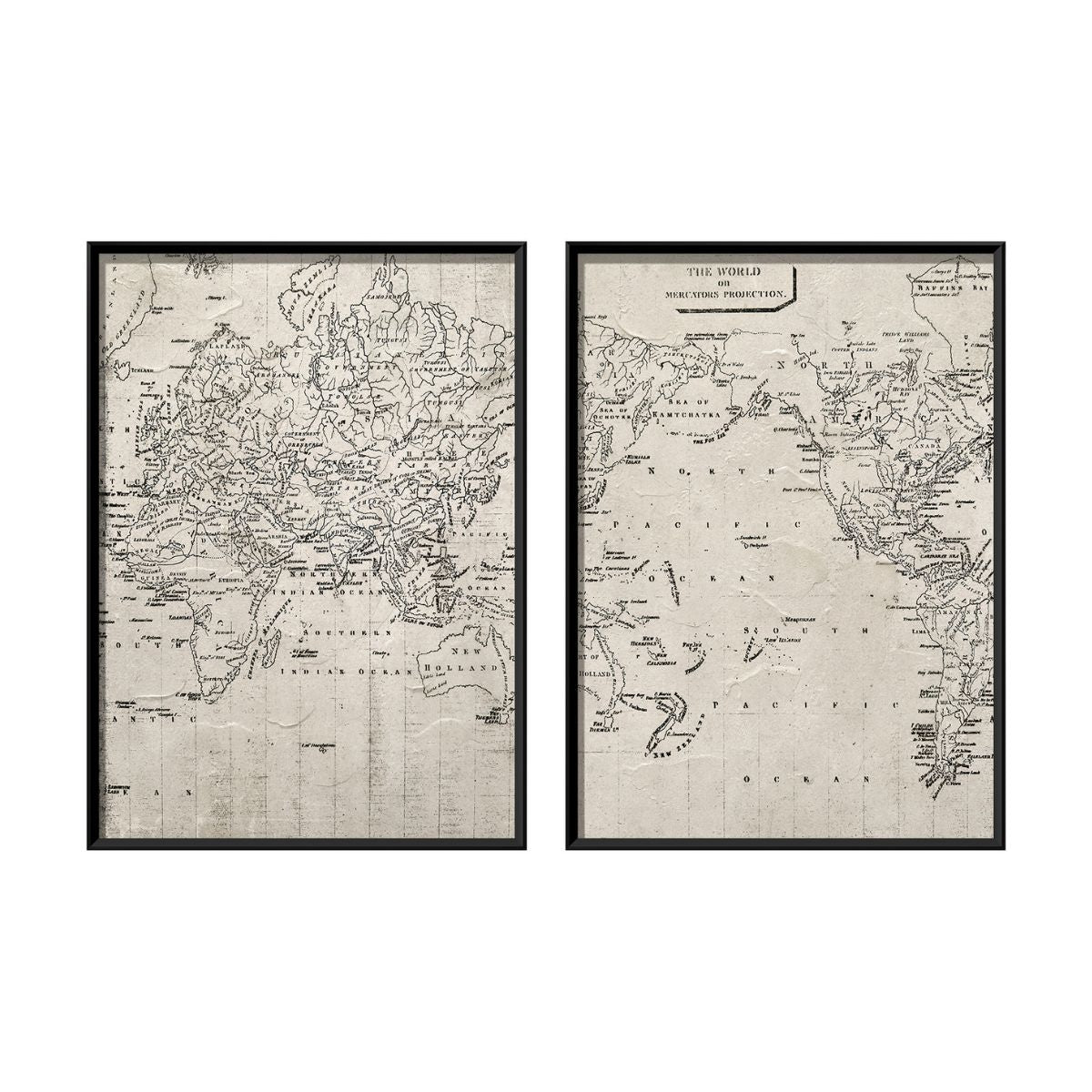 Set Cuadro El Mundo CANVAS HD pintado a mano Gris/Blanco marco Negro 50 x 70cm