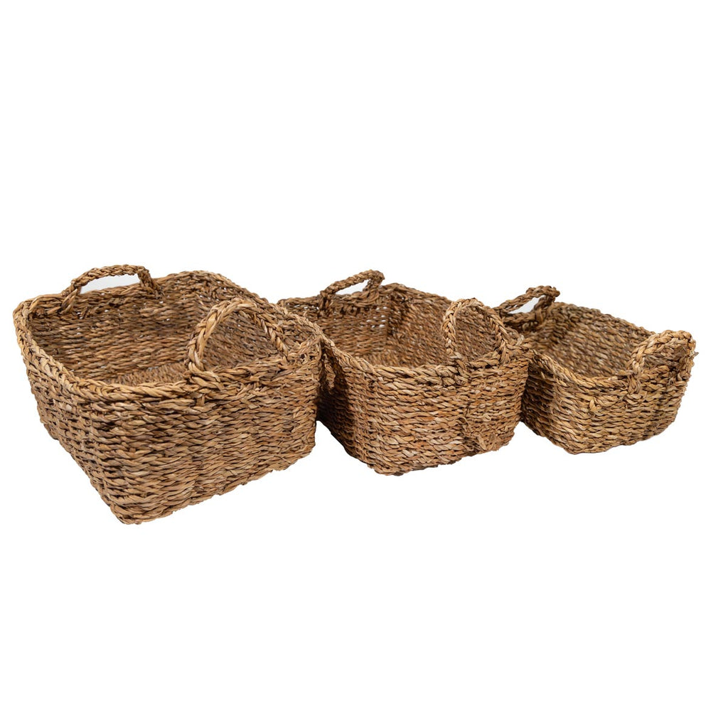 Set de 3 canastos Tórtola de fibra rectangulares con asa. G36 x 27 x 15/ M32 x 23 x 13/ C28 x 20 x 11cm