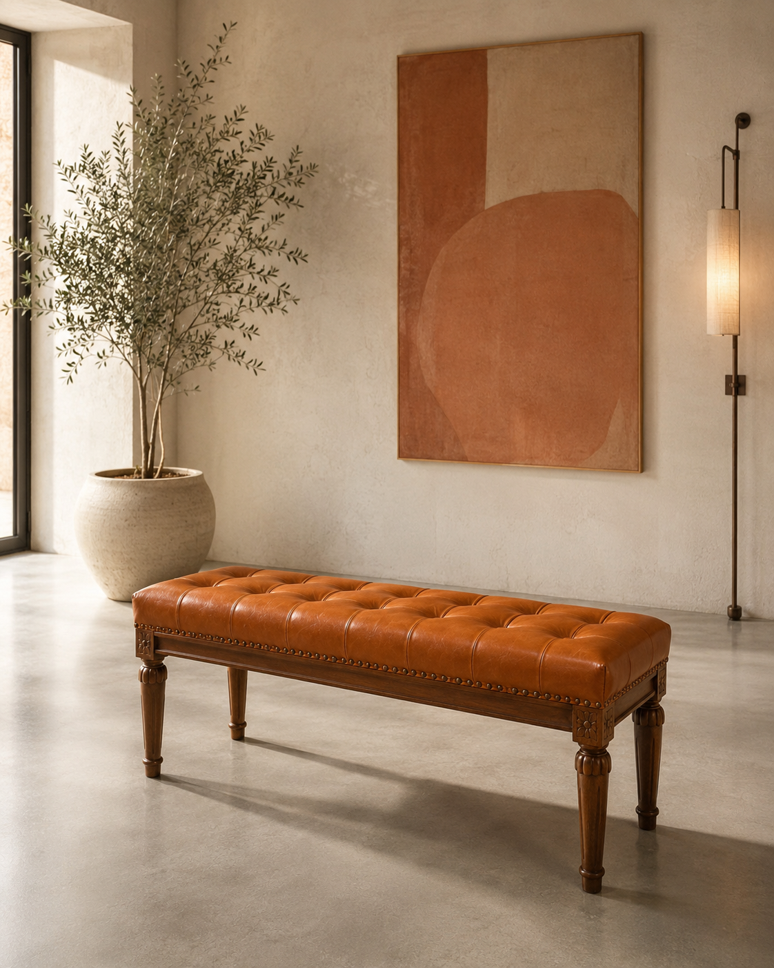 Banqueta Capitoné Lyon Cuero Full Grain Caramelo