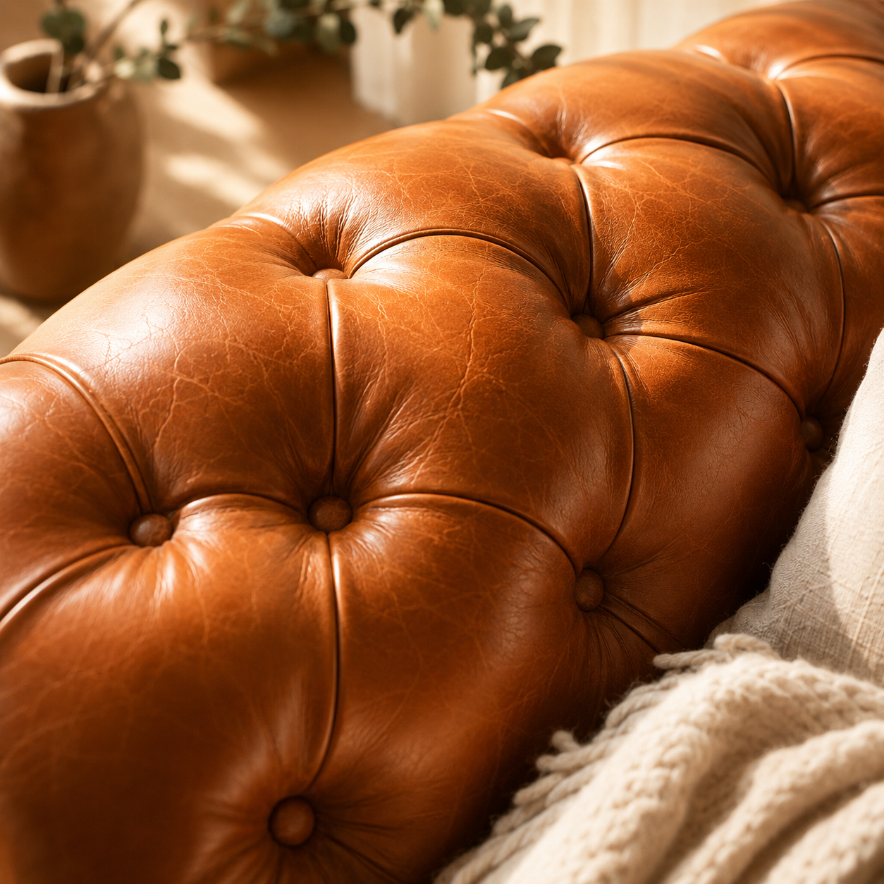 SOFÁ CHESTERFIELD CUERO FULL GRAIN CARAMELO 2 CUERPOS