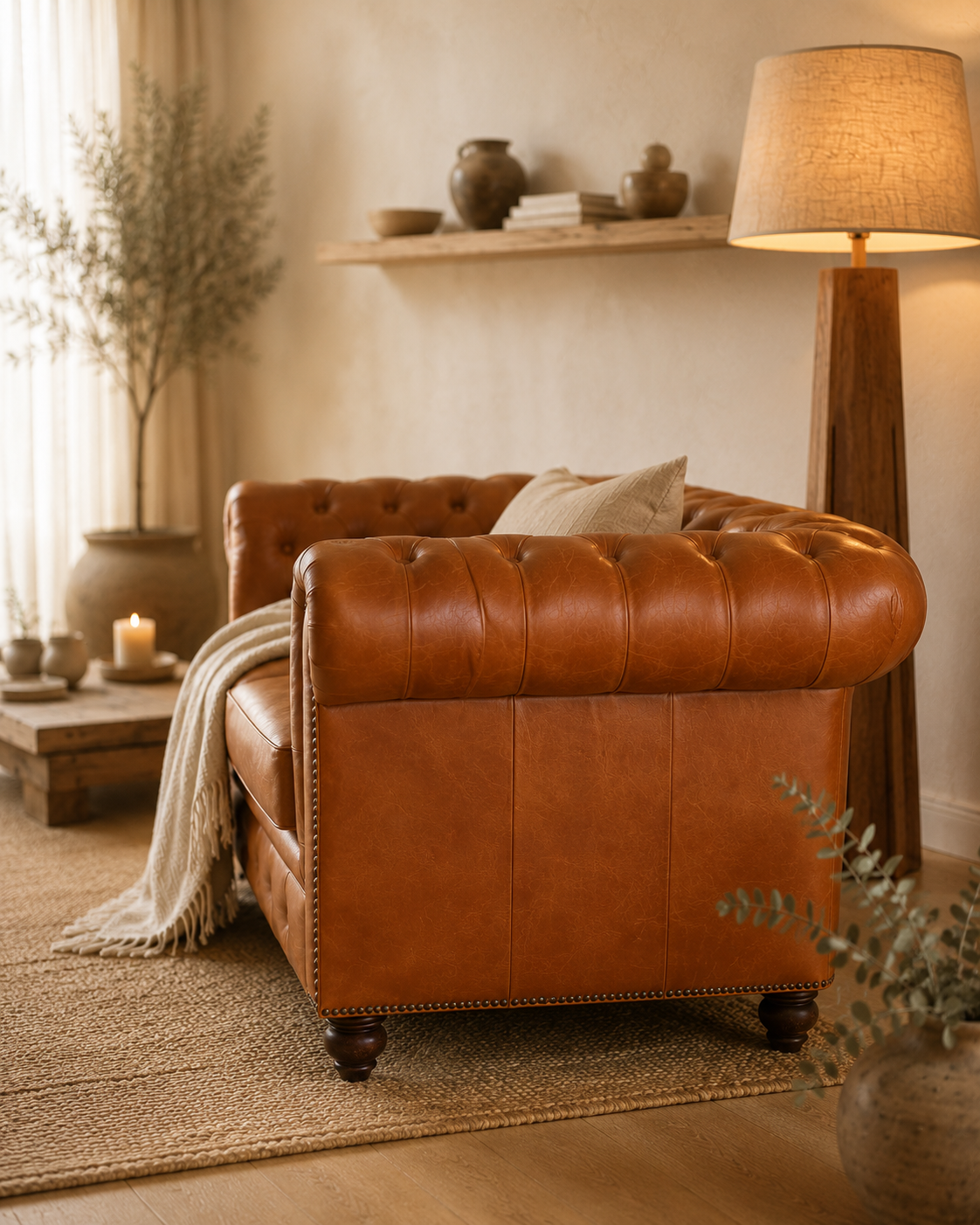 SOFÁ CHESTERFIELD CUERO FULL GRAIN CARAMELO 2 CUERPOS