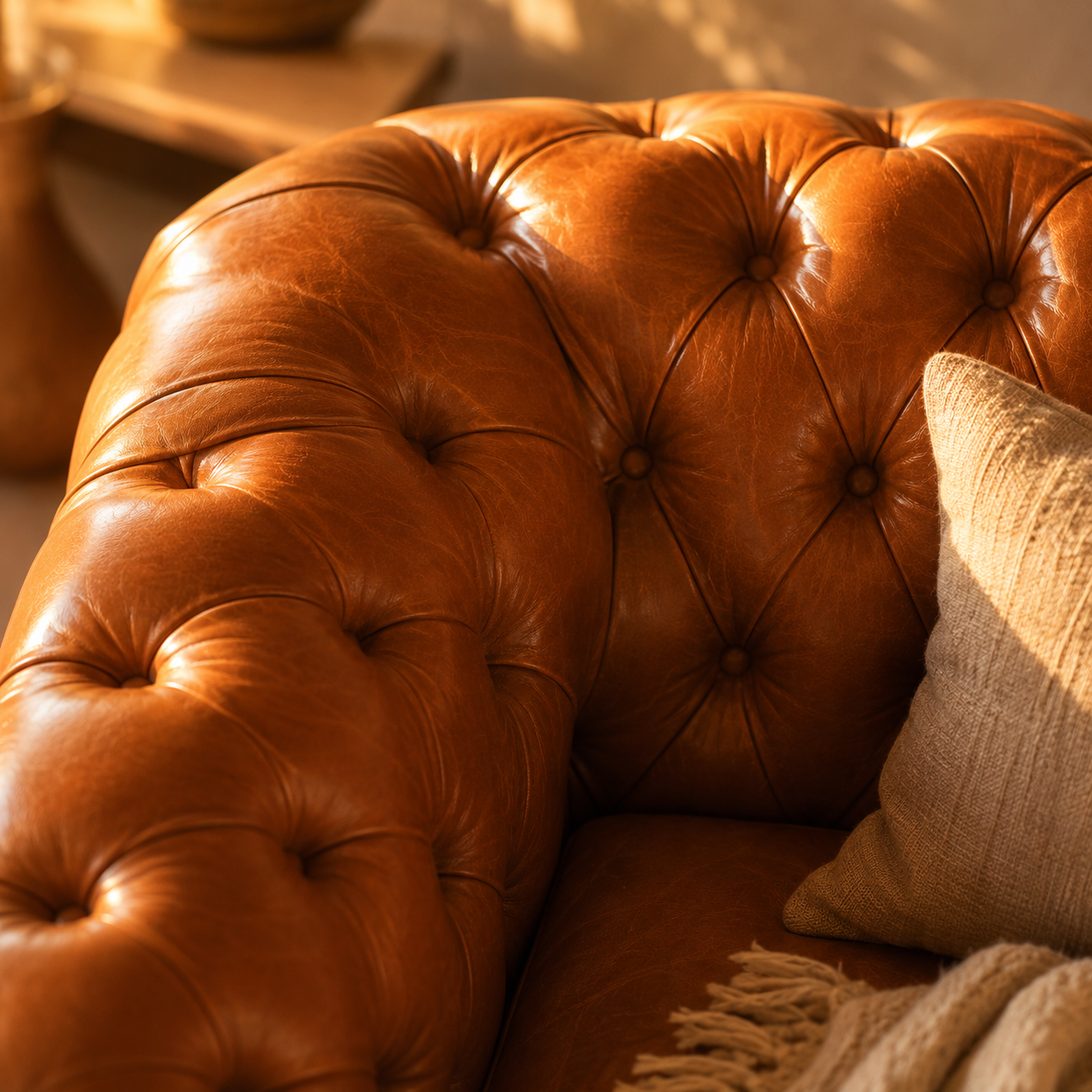 SOFÁ CHESTERFIELD CUERO FULL GRAIN CARAMELO 3 CUERPOS