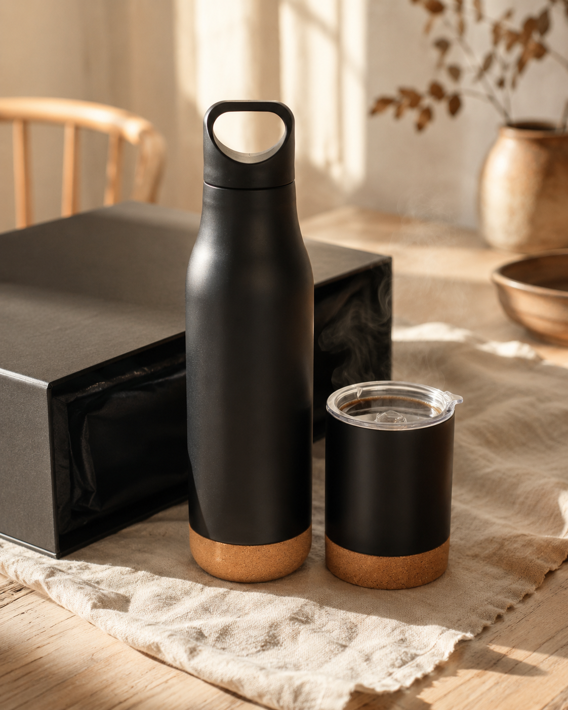 Set de Regalo Termo + Mug "Geneve" Negro y Corcho