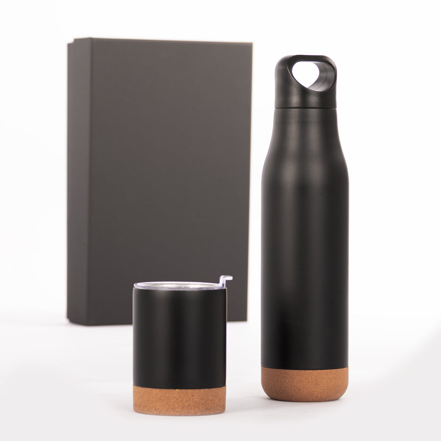 Set de Regalo Termo + Mug "Geneve" Negro y Corcho