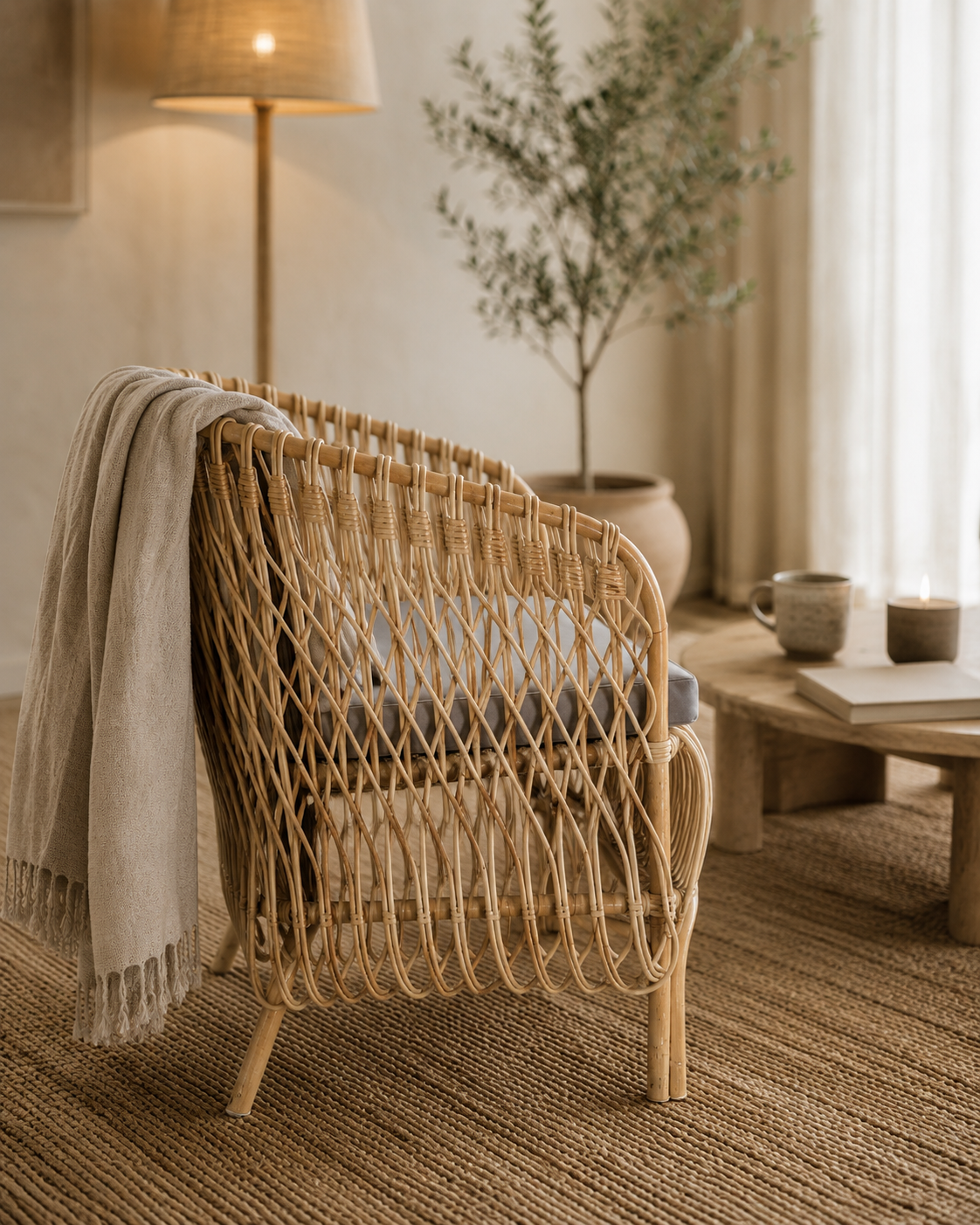 Sitial Nuzi Rattan Natural con Cojín Gris