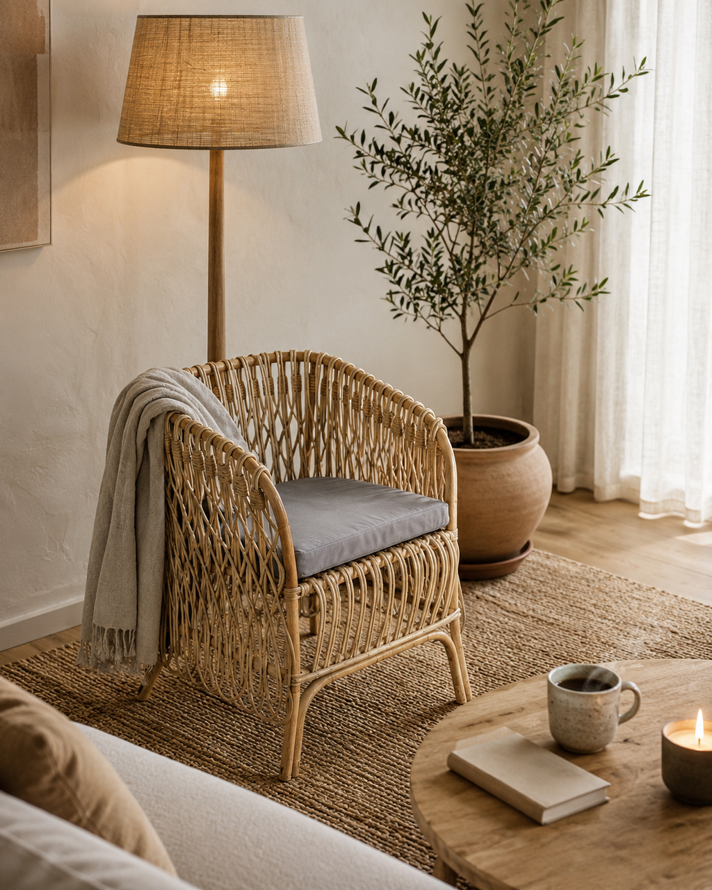 Sitial Nuzi Rattan Natural con Cojín Gris