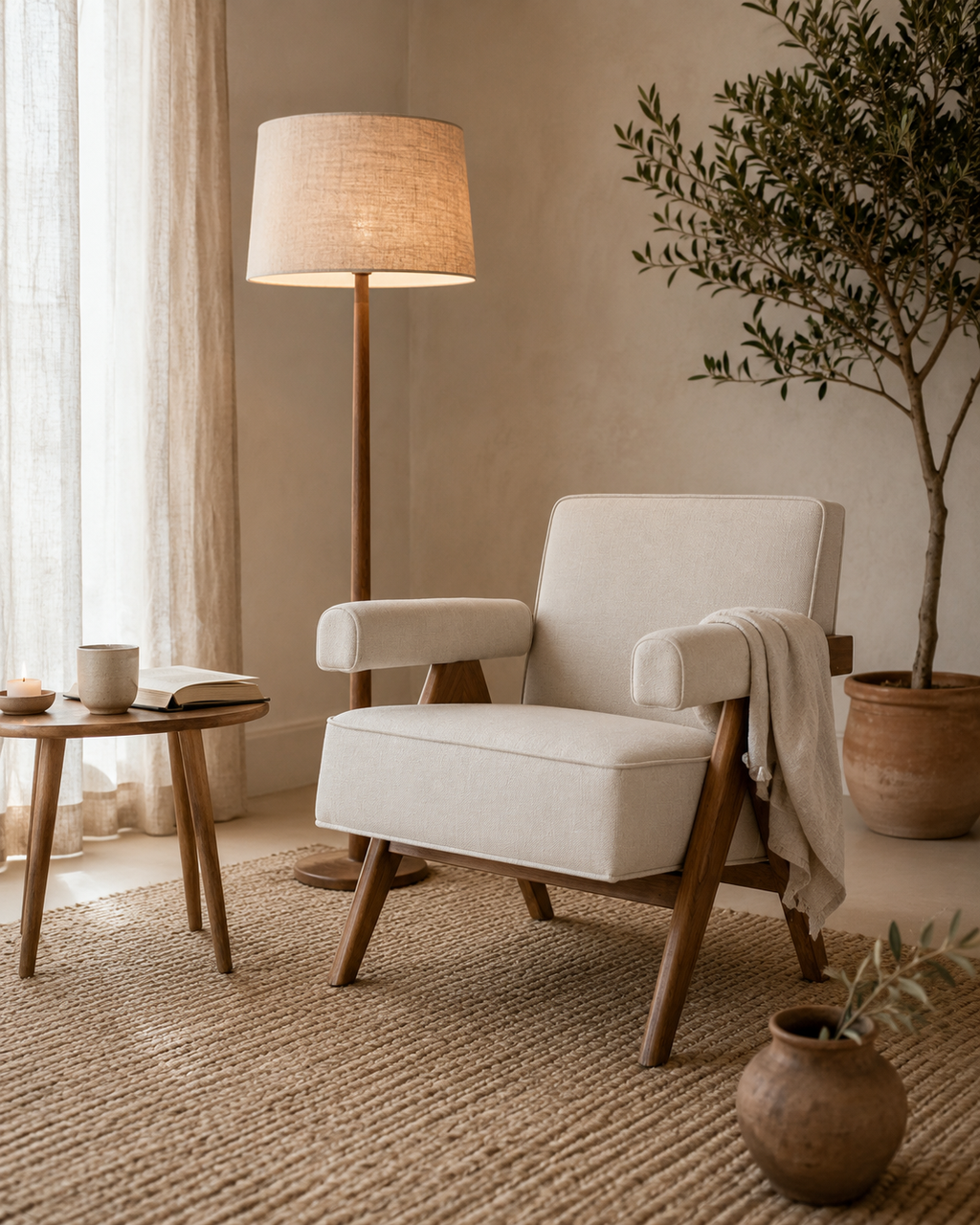Poltrona Philadelphia Madera Fresno Walnut y Lino Beige