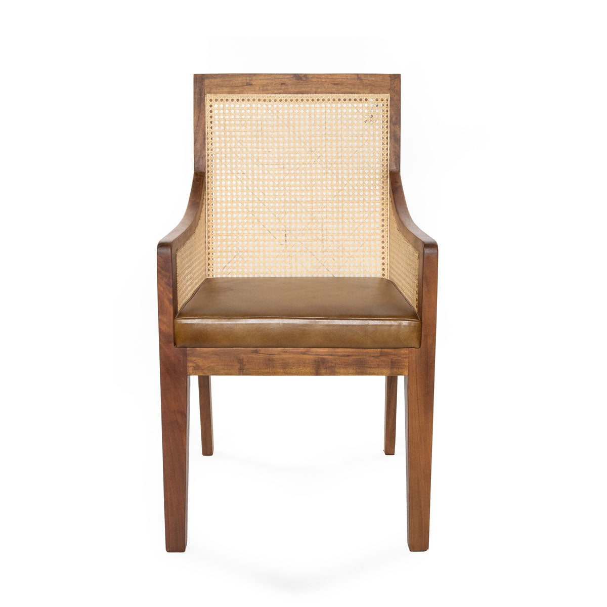 Silla Himalaya con brazo / ratán y asiento de cuero café 50 x 57 x 94cm
