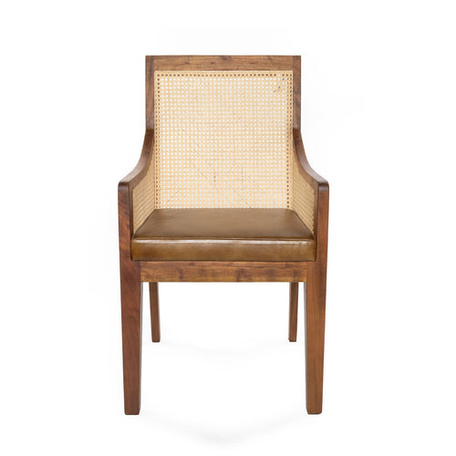Silla Himalaya con brazo / ratán y asiento de cuero café 50 x 57 x 94cm
