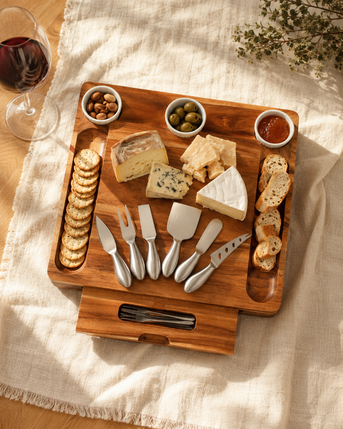 Tabla de Quesos con 12 Herramientas Acacia y Posillos