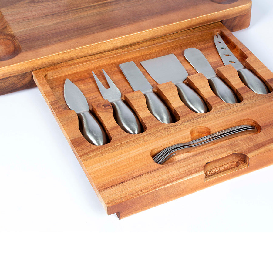 Tabla de Quesos con 12 Herramientas Acacia y Posillos