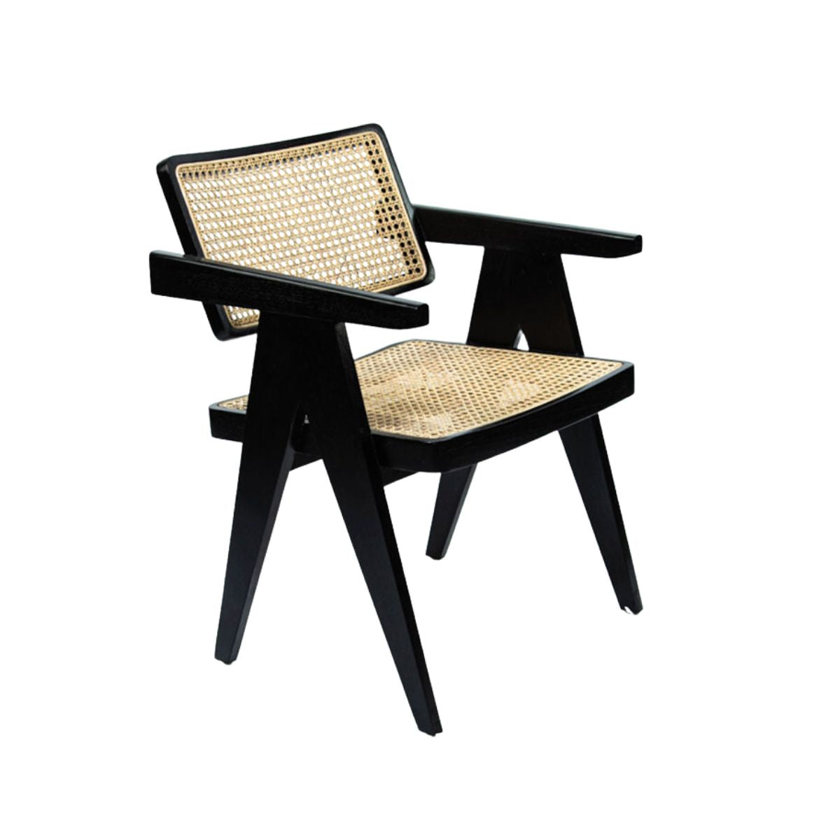 Silla de Teca en Color Negro y Rattan con Apoyabrazos