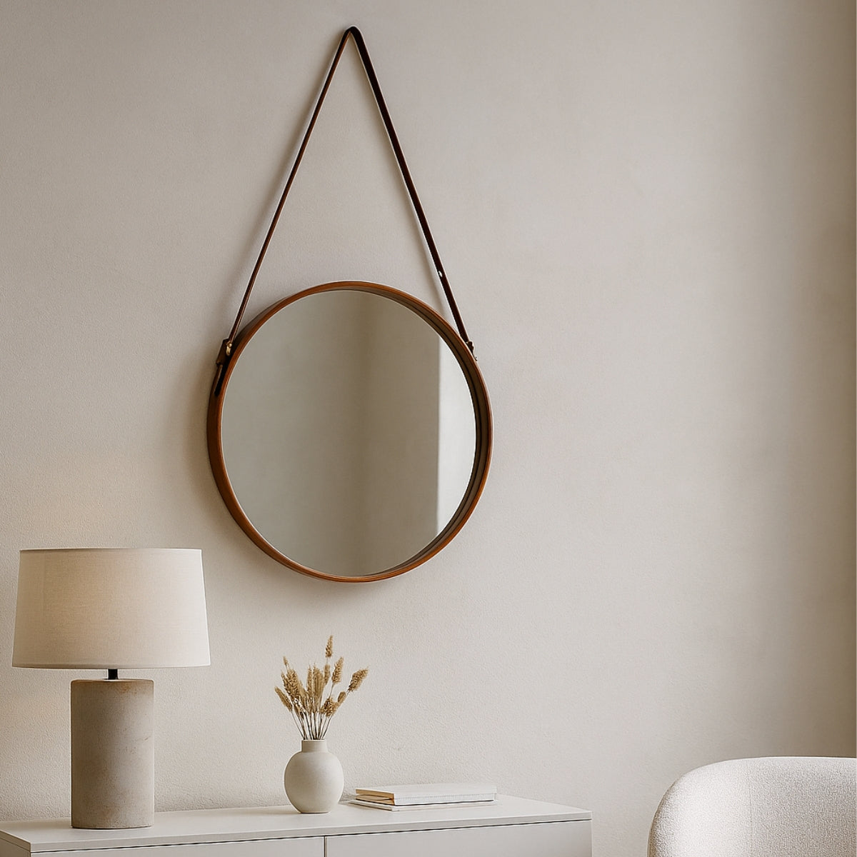 Espejo colgante circular cuero natural 54 cm