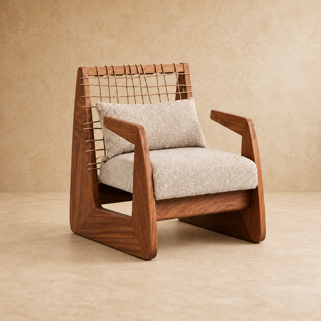 Poltrona África de Madera de Albizia y Tela Beige 62 x 80,5 x 80 cm