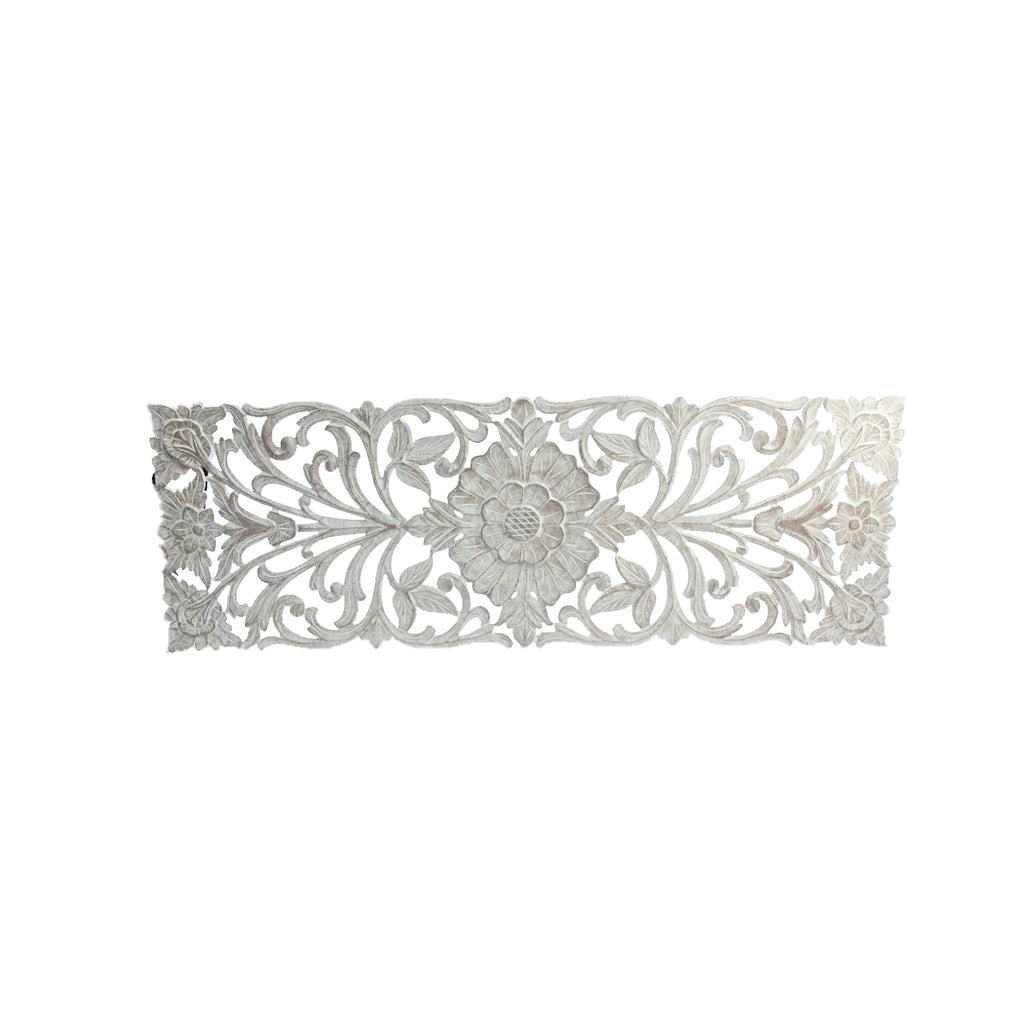 Panel rectangular madera tallada con diseño de flor y ramas 200 x 70 cm