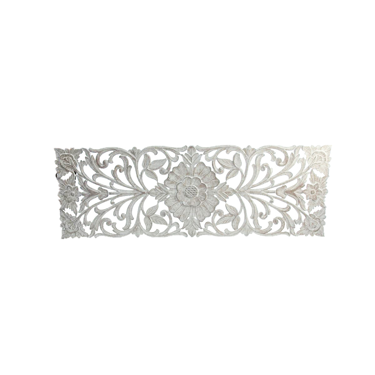Panel rectangular madera tallada con diseño de flor y ramas 200 x 70 cm