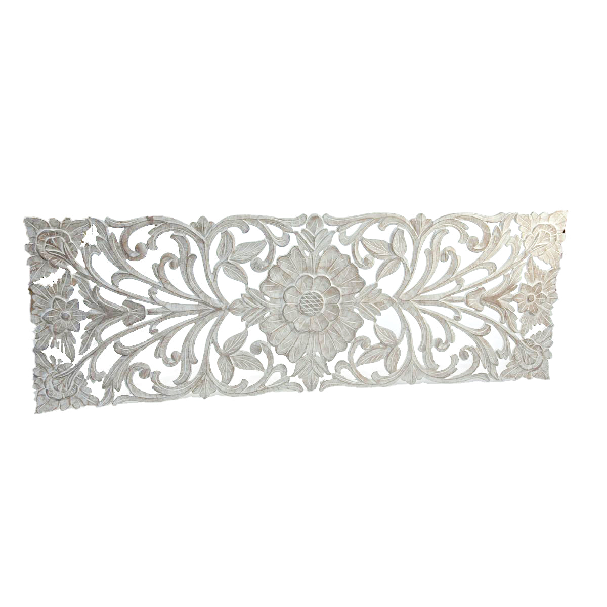 Panel rectangular madera tallada con diseño de flor y ramas 200 x 70 cm