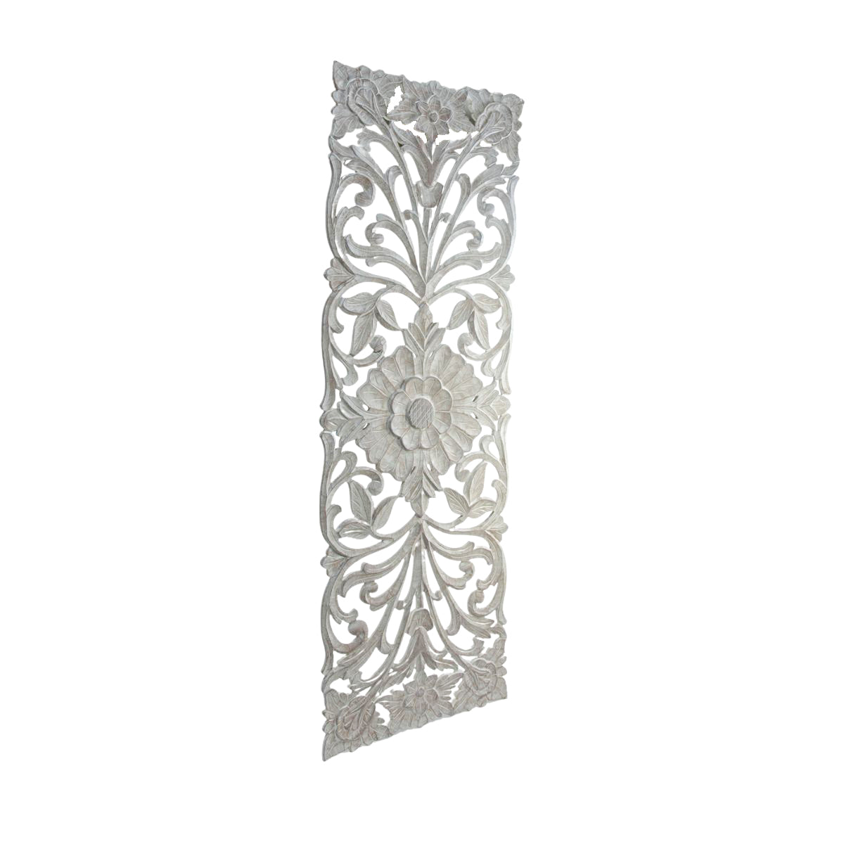 Panel rectangular madera tallada con diseño de flor y ramas 200 x 70 cm