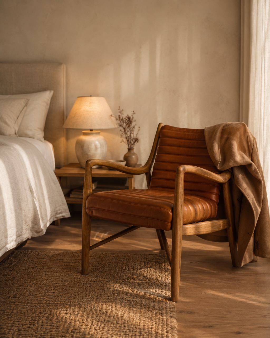 Poltrona Elliah Cuero Top Grain Cognac y Madera de Fresno