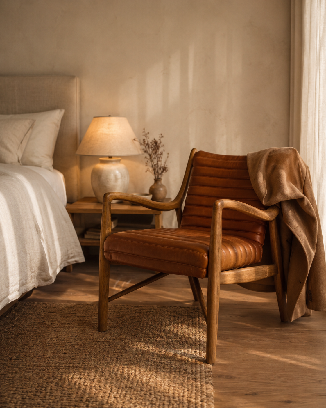 Poltrona Elliah Cuero Top Grain Cognac y Madera de Fresno
