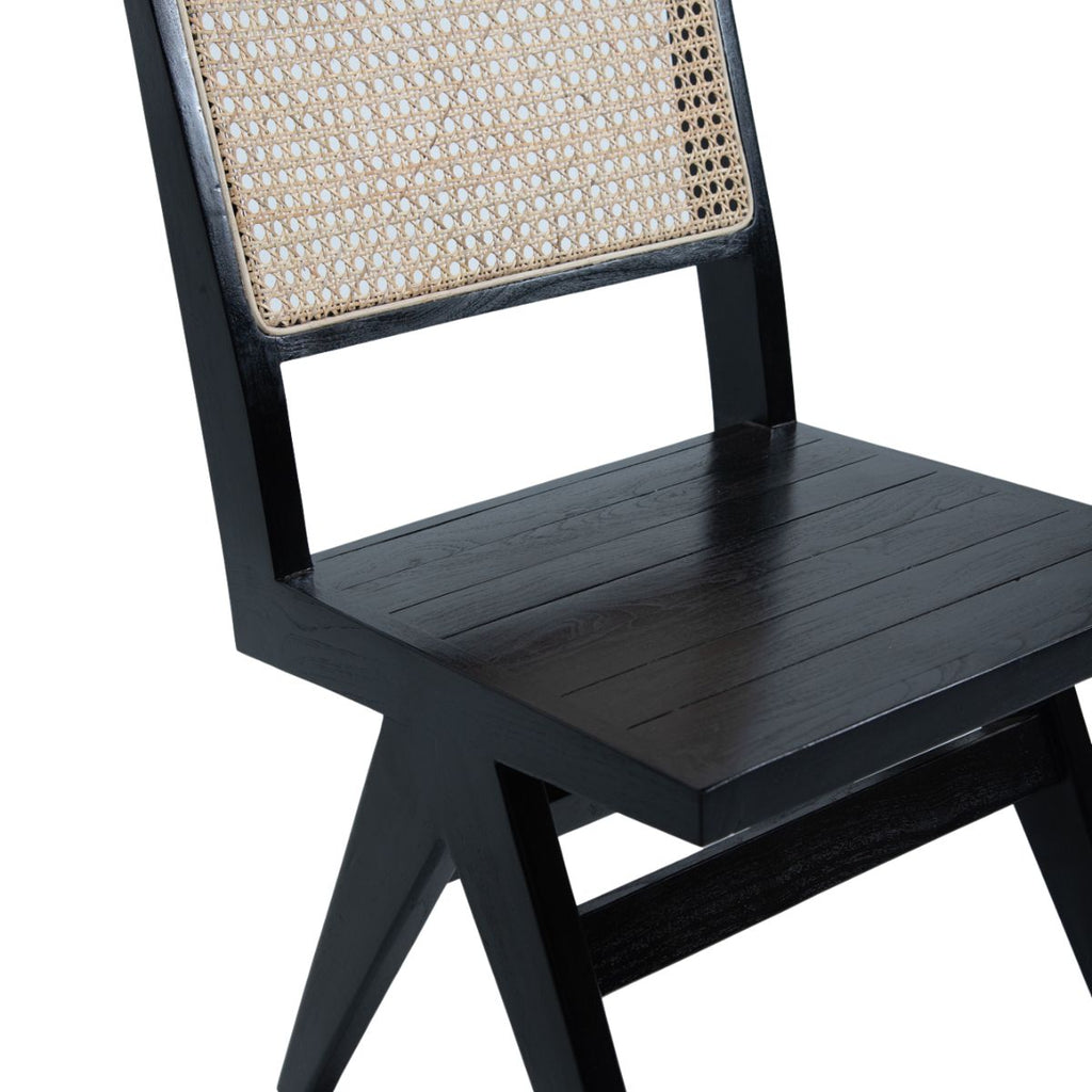 Silla de teca negra con respaldo de rattan natural 82x46x48 cm