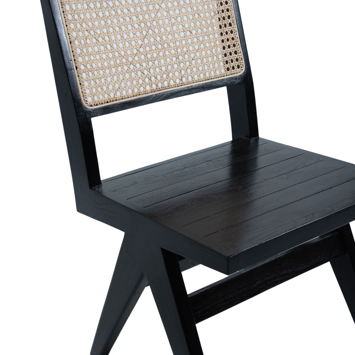 Silla de teca negra con respaldo de rattan natural 82x46x48 cm