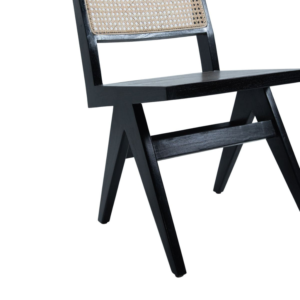 Silla de teca negra con respaldo de rattan natural 82x46x48 cm