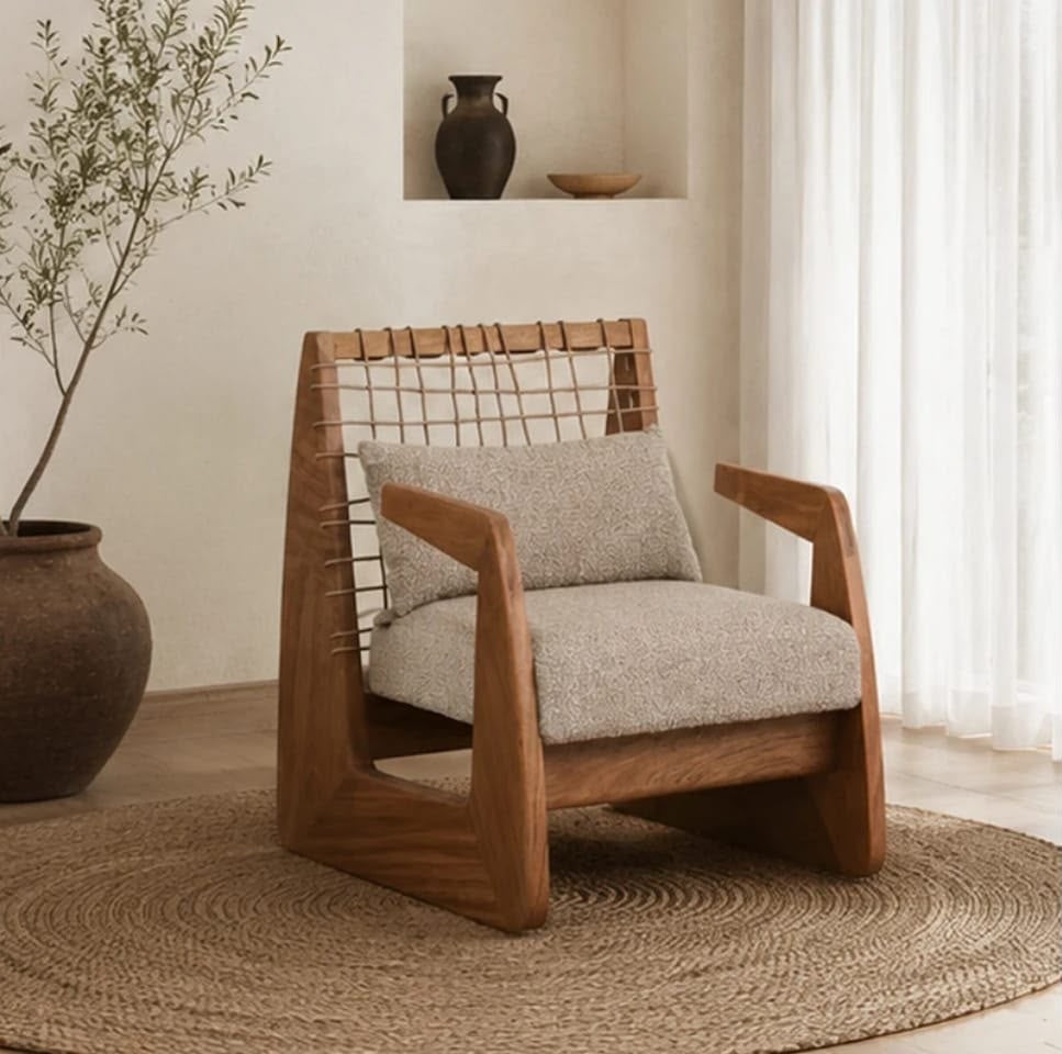 Poltrona África de Madera de Albizia y Tela Beige 62 x 80,5 x 80 cm