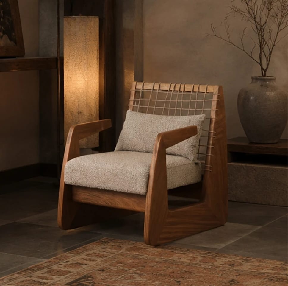 Poltrona África de Madera de Albizia y Tela Beige 62 x 80,5 x 80 cm