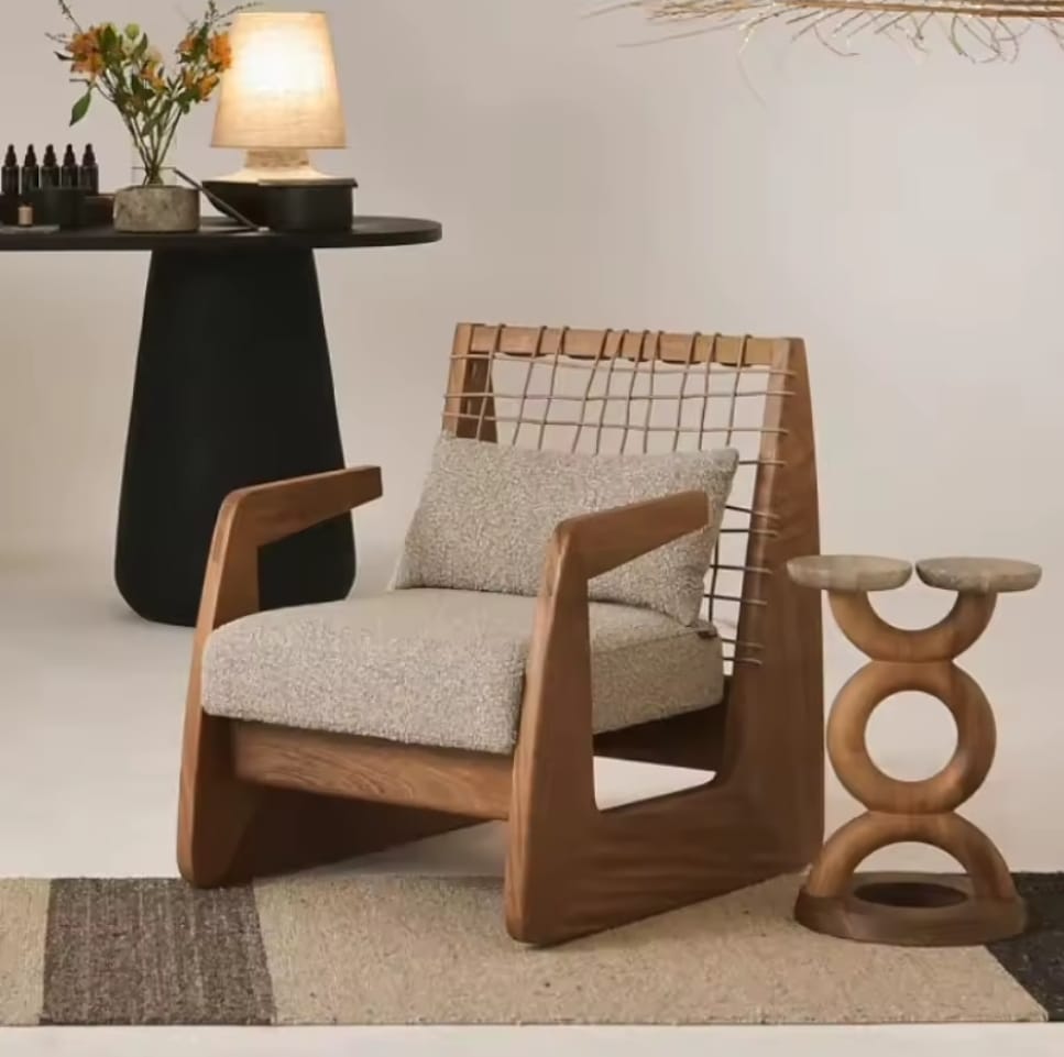 Poltrona África de Madera de Albizia y Tela Beige 62 x 80,5 x 80 cm