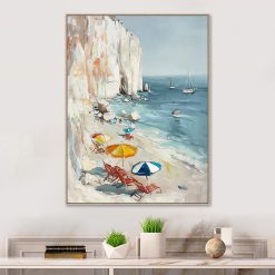 Cuadro La Playa canvas HD y pintado a mano Celeste/Beige marco caramelo 70 x 100cm